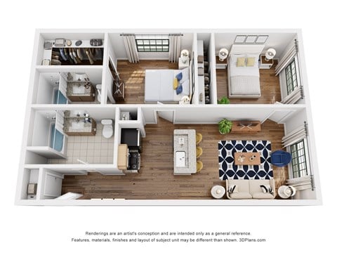 Floor plan for 2 beds, 2 baths, 1064 sqft